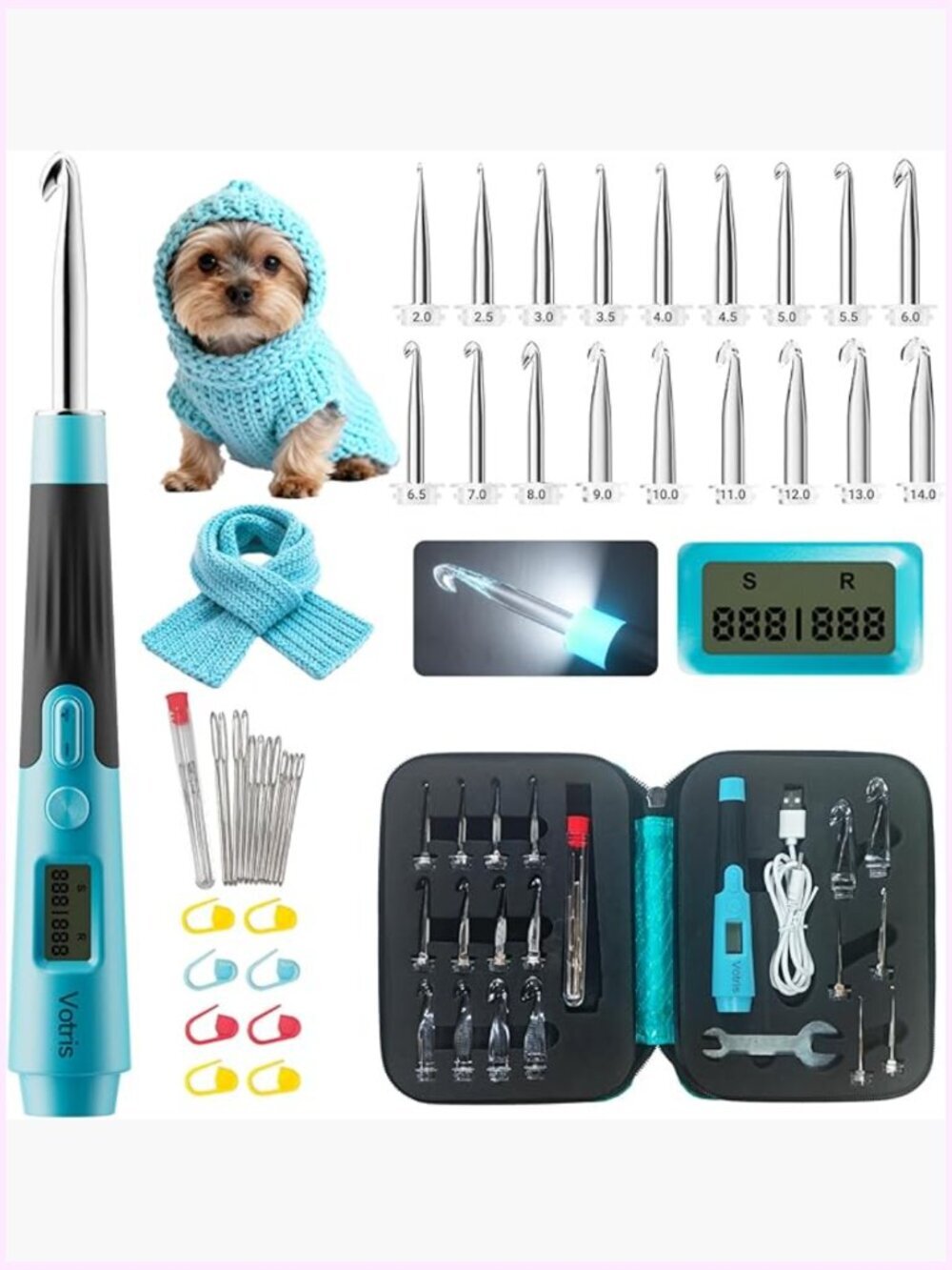 18-in-1 Counting Crochet Hook Set with Digital Stitch Counter, Rechargeable LED
